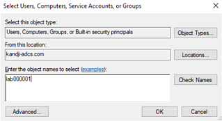 Object names search field with computer name entered