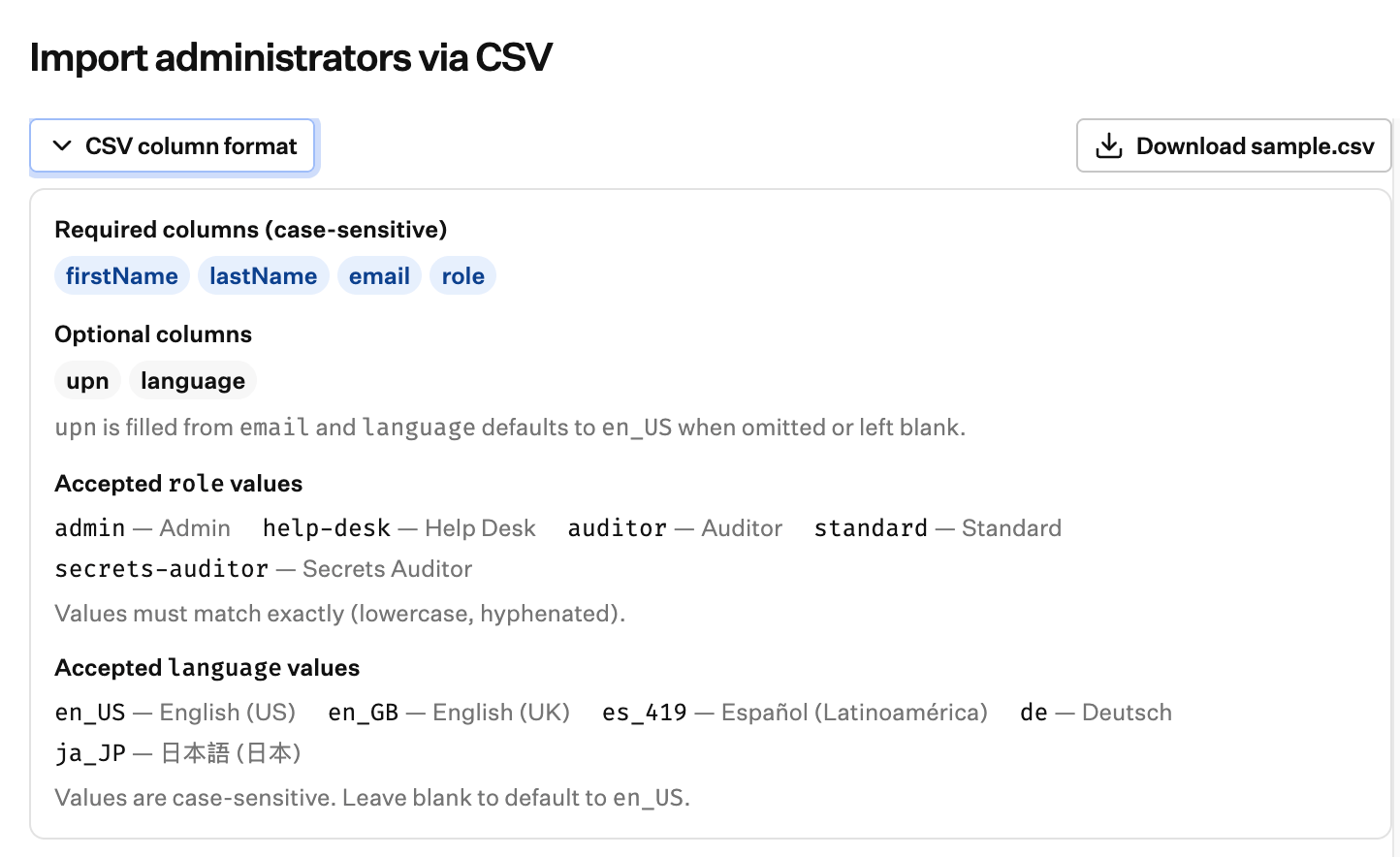 Import administrators via CSV dialog with CSV column format expanded showing required columns and accepted role and language values