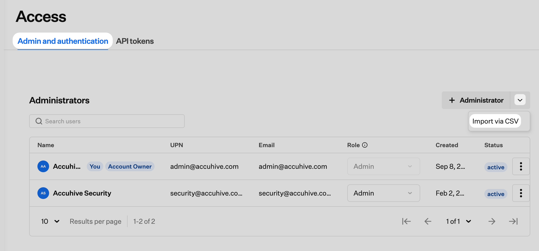 Access Admin and authentication page with Import via CSV open from the caret next to + Administrator