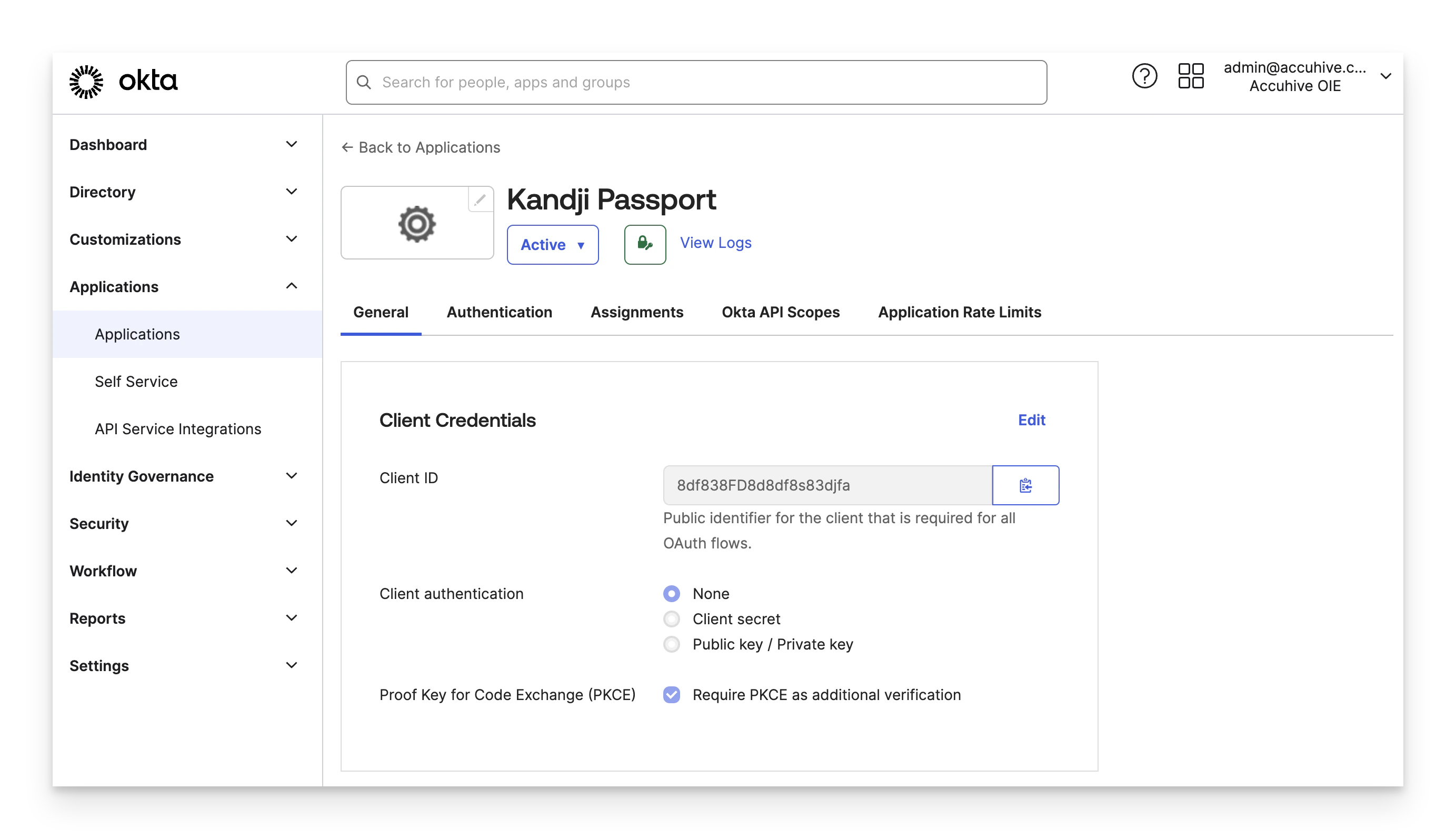 Okta OIDC app General tab showing Client ID field with copy icon for Passport configuration