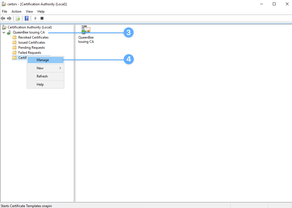 Certificate Templates folder with Manage option