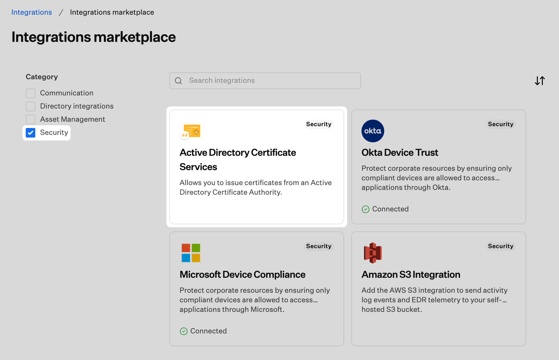 Add new integration page with the Active Directory Certificate Services tile.