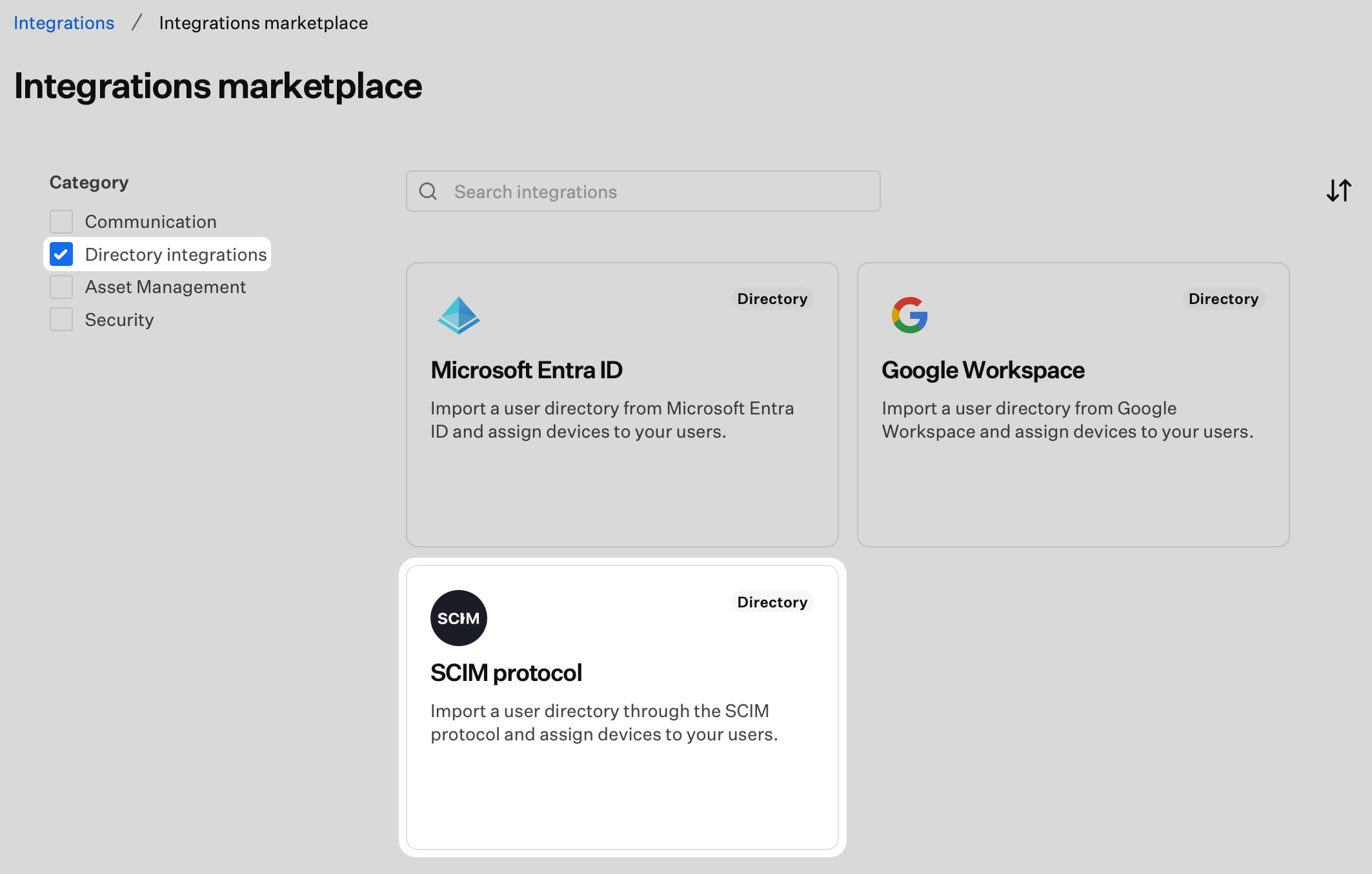 Add new integration page with SCIM protocol tile