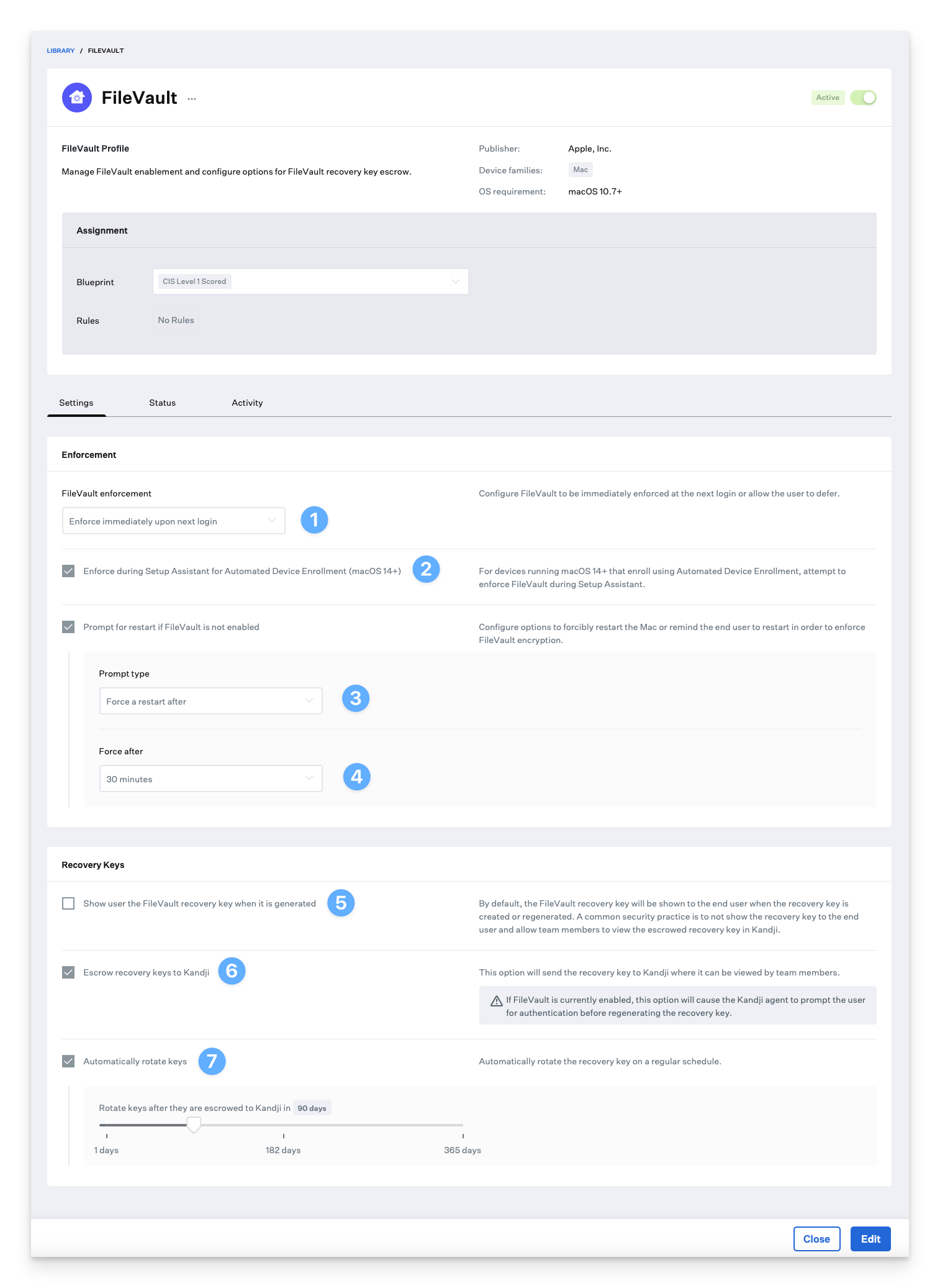 FileVault key rotation settings showing automatic rotation options