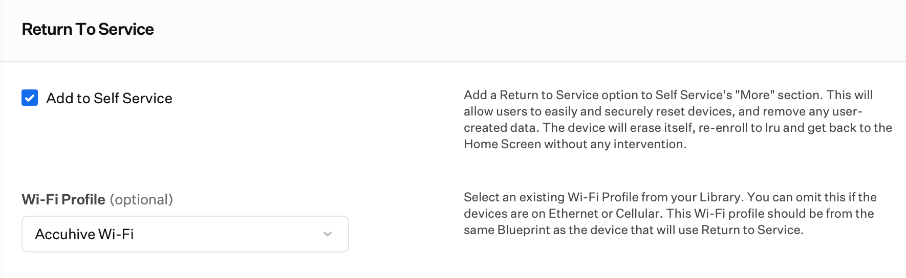 Self Service Return to Service options showing Add to Self Service checkbox and optional Wi-Fi profile configuration