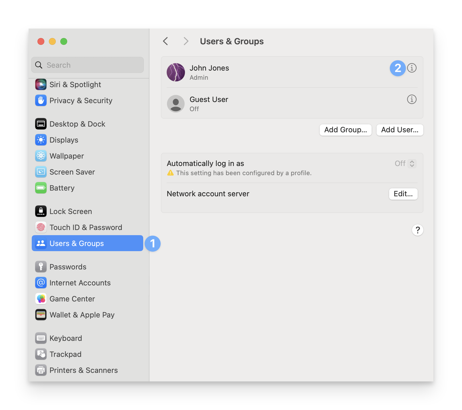 macOS System Settings Users & Groups page showing the info icon next to the user name that needs to be clicked to access user details