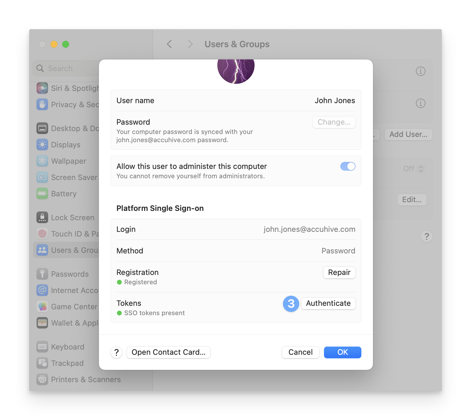 macOS System Settings user details page showing the Platform Single Sign-on section with the Authenticate button that needs to be clicked