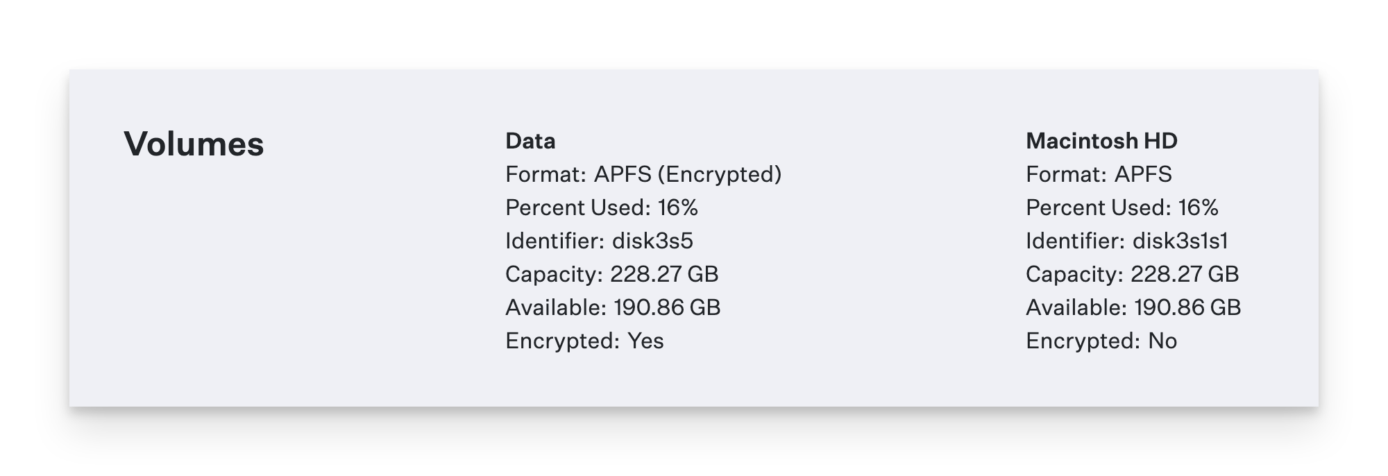 FileVault encryption status showing APFS volume encryption details