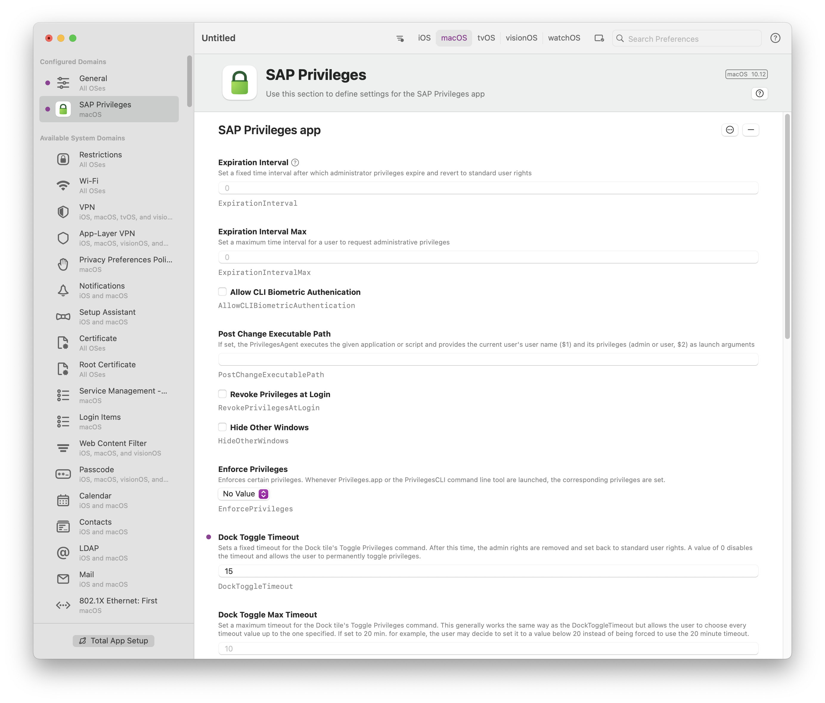 iMazing Profile Editor showing SAP Privileges configuration with Dock Toggle Timeout setting