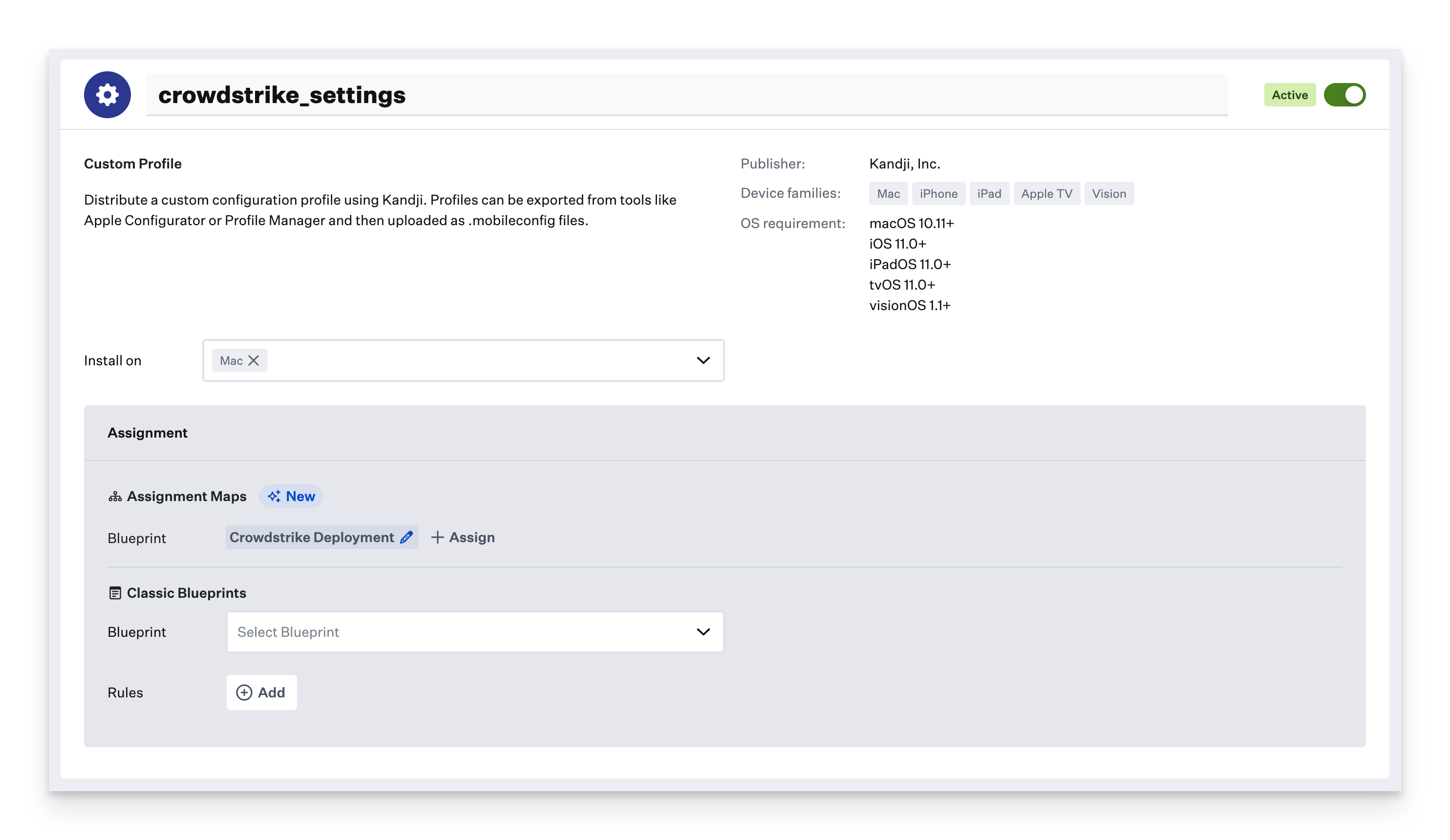 Custom Profile configuration showing Blueprint assignment options