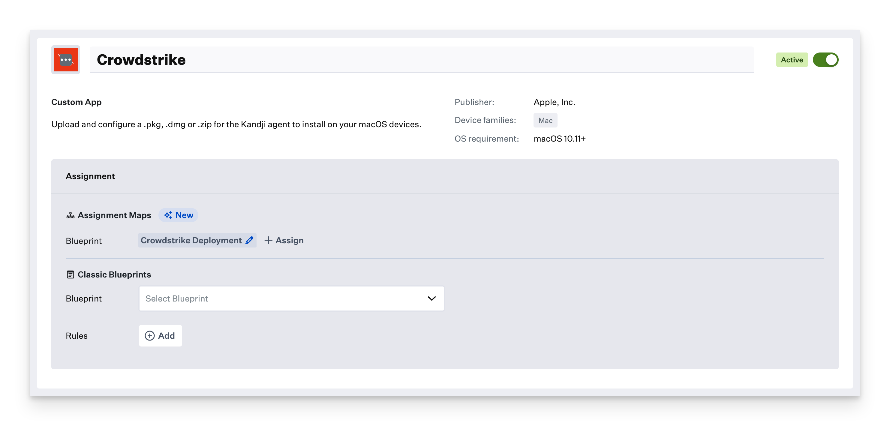 Custom App configuration showing Blueprint assignment options