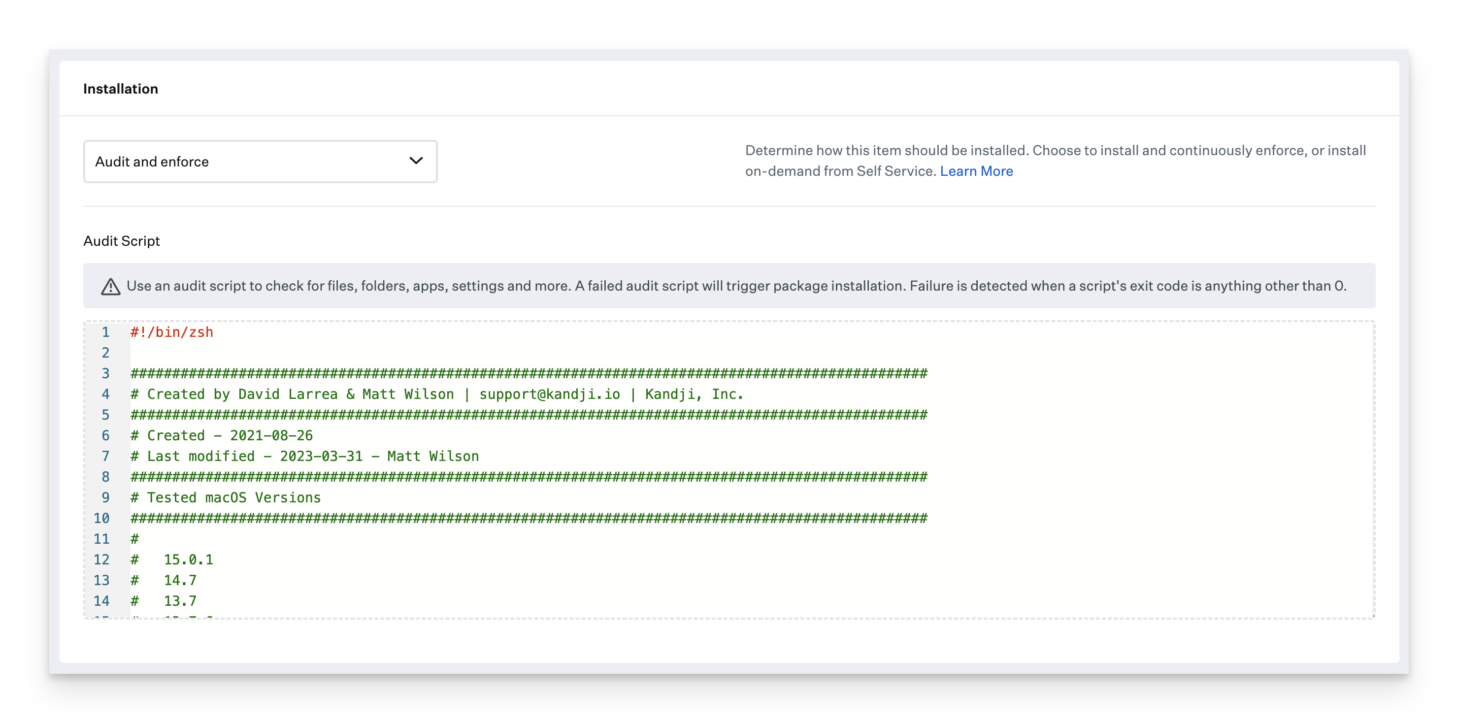 Custom App audit and enforce script configuration