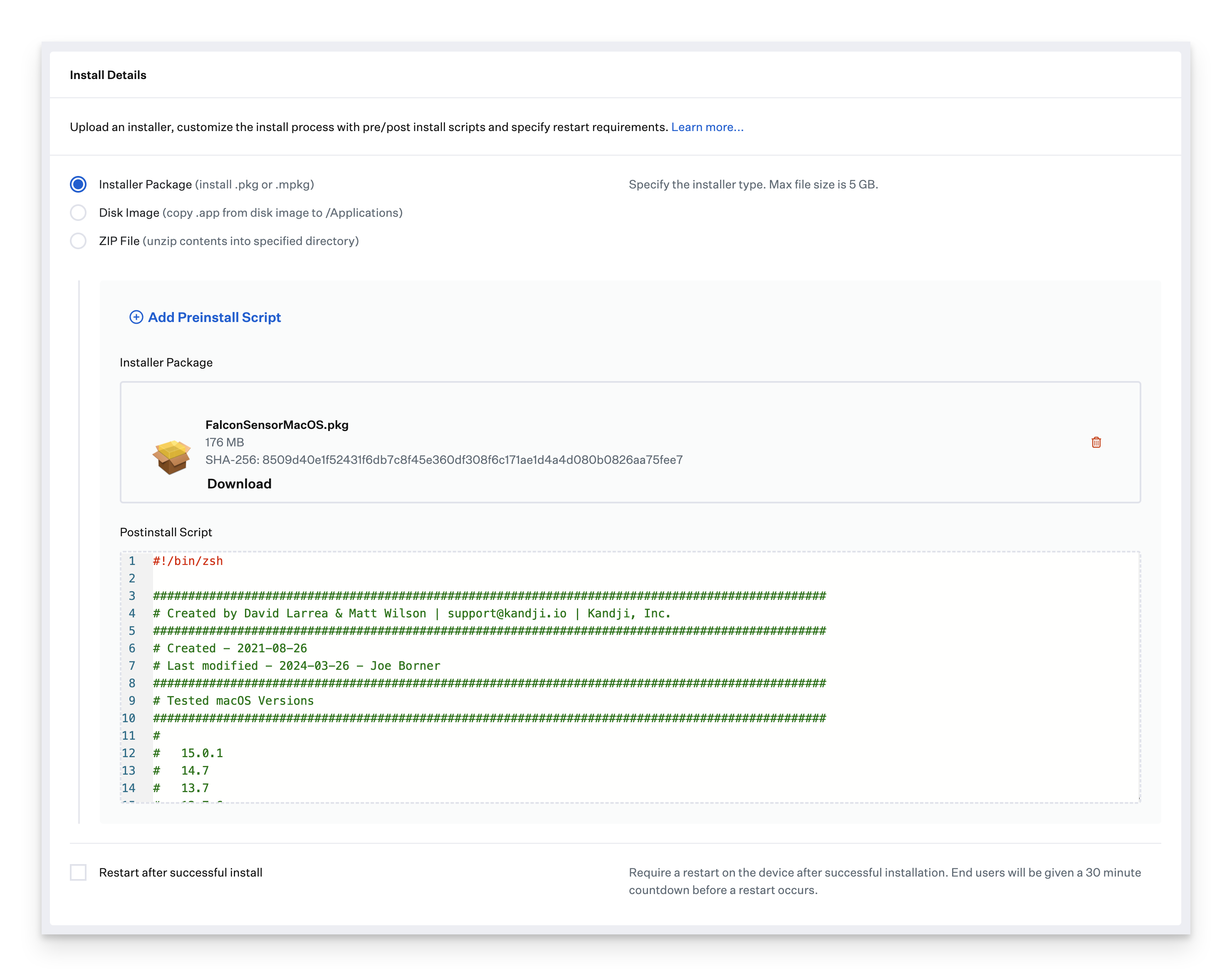Custom App postinstall script configuration showing customer ID and install token settings