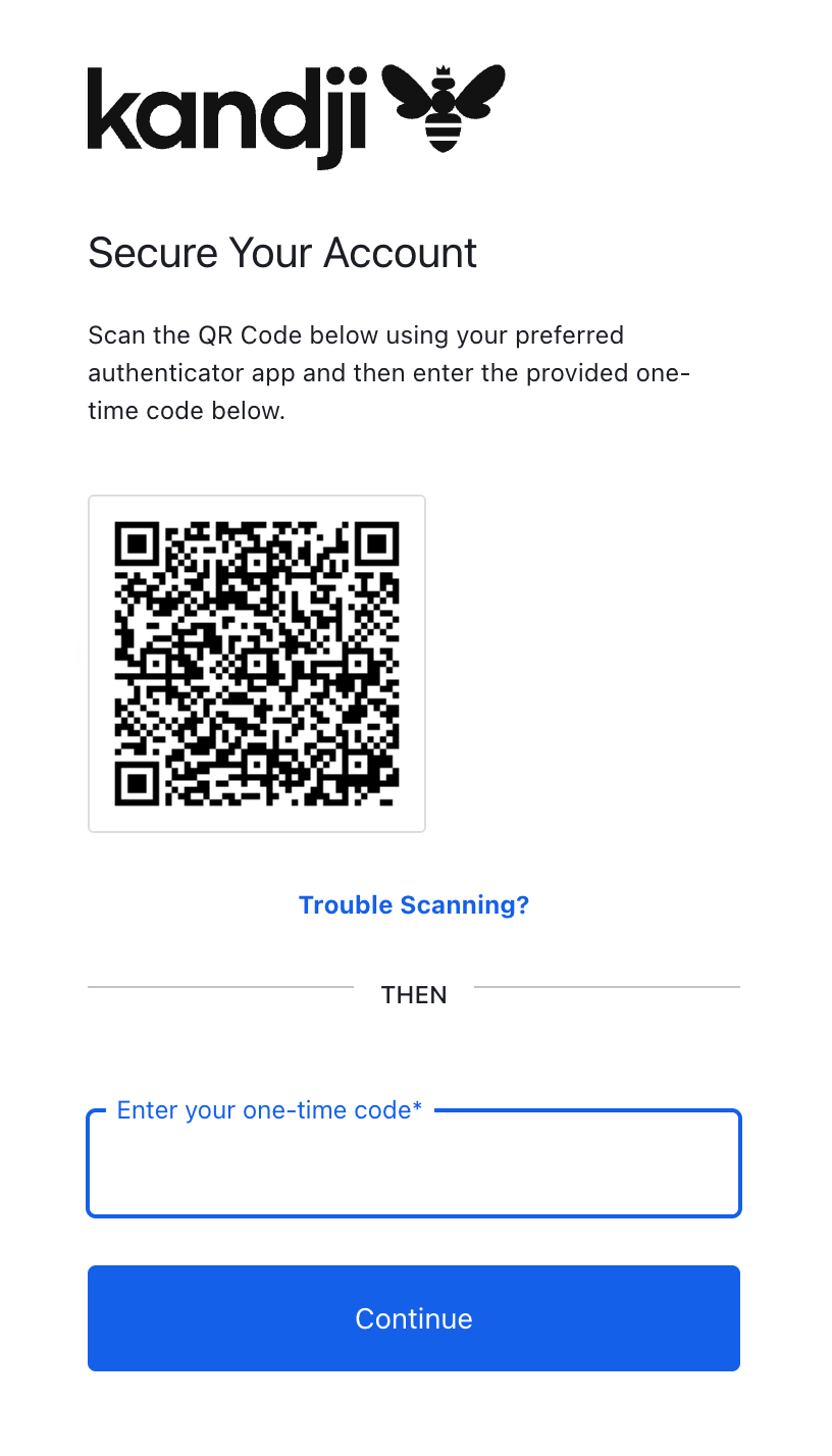 로그인 중 TOTP 앱으로 QR 코드를 스캔하라는 MFA 설정 메시지