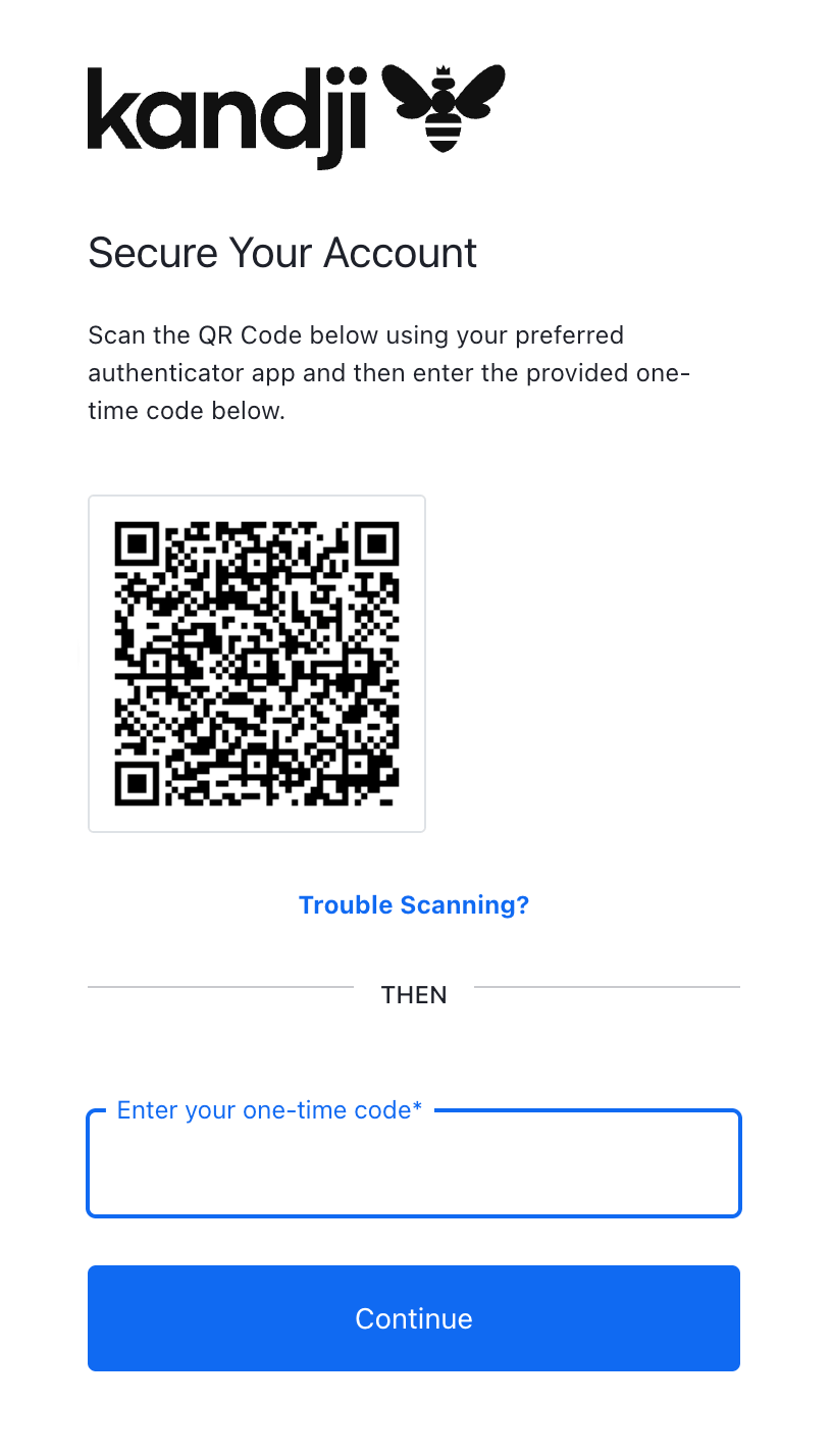 MFA-Einrichtungsaufforderung zum Scannen eines QR-Codes mit einer TOTP-App bei der Anmeldung