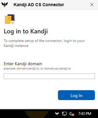 AD CS Connector login screen showing domain field