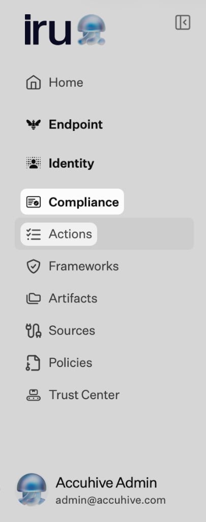 Left navigation: Compliance expanded, Actions selected