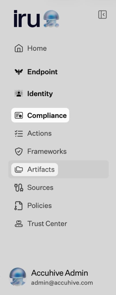 Left navigation: Compliance expanded, Artifacts selected