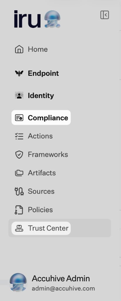 Left navigation: Compliance expanded, Trust Center selected