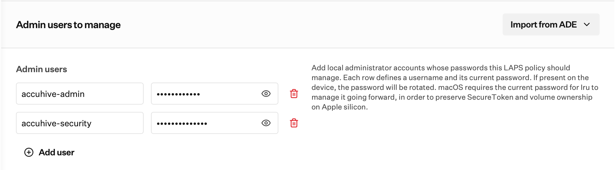 Admin users to manage with Username and Initial password rows