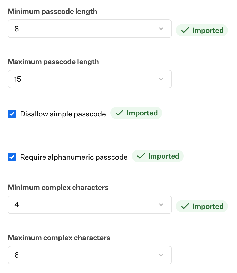 Password complexity settings with Imported badges after importing from Passcode