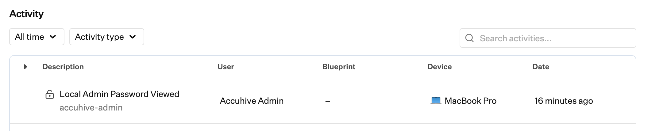 Device record Activity showing Local Admin Password Viewed