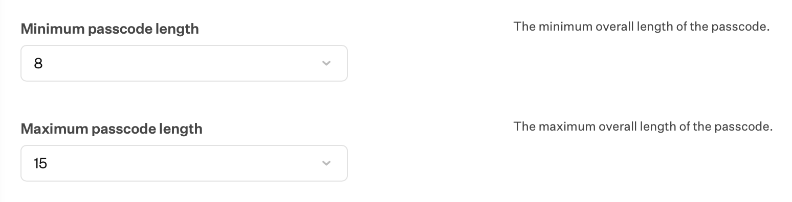Minimum passcode length and Maximum passcode length settings