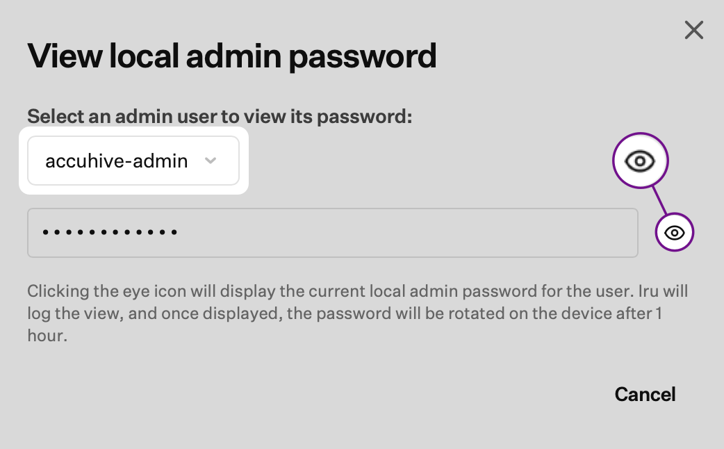 View local admin password dialog with account selection, eye icon, and Cancel