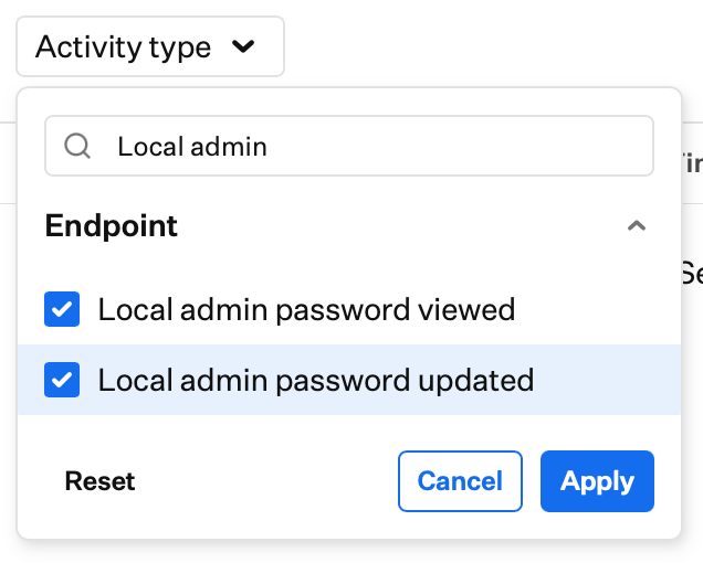 Unified Activity type filter for Local admin password viewed and Local admin password updated