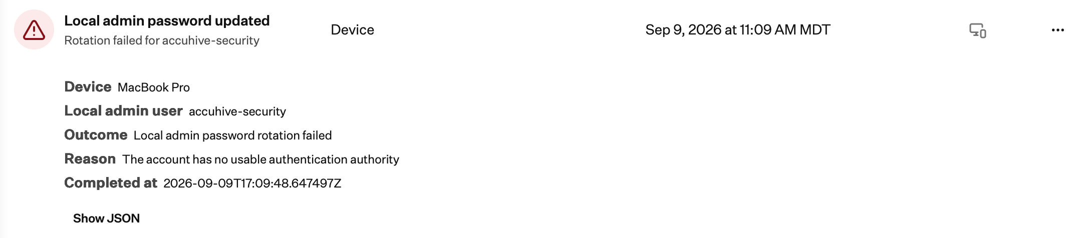 Unified Activity showing Local admin password updated when rotation failed