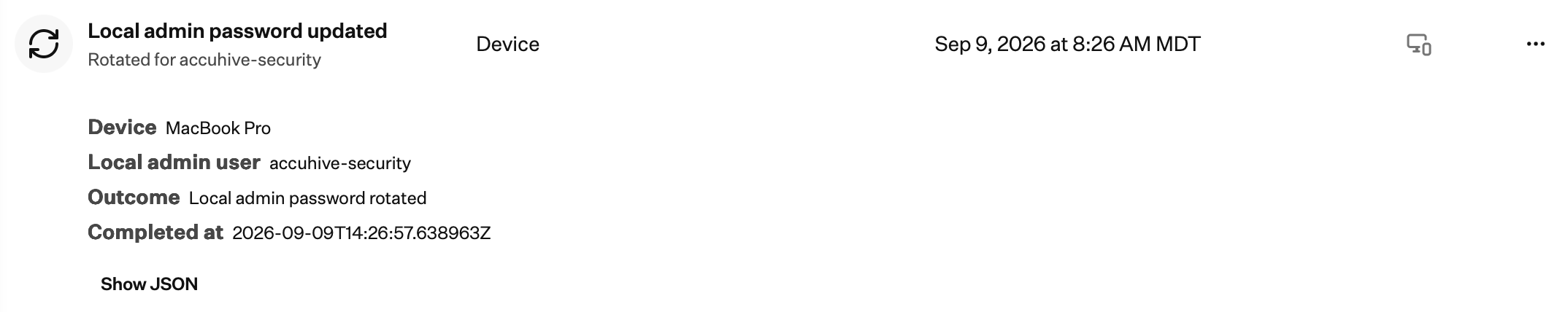 Unified Activity showing Local admin password updated after a successful rotation