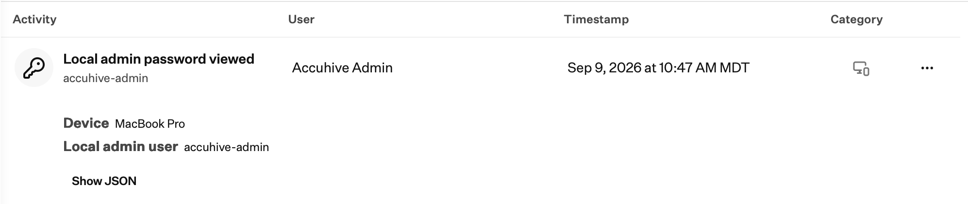 Unified Activity showing Local admin password viewed