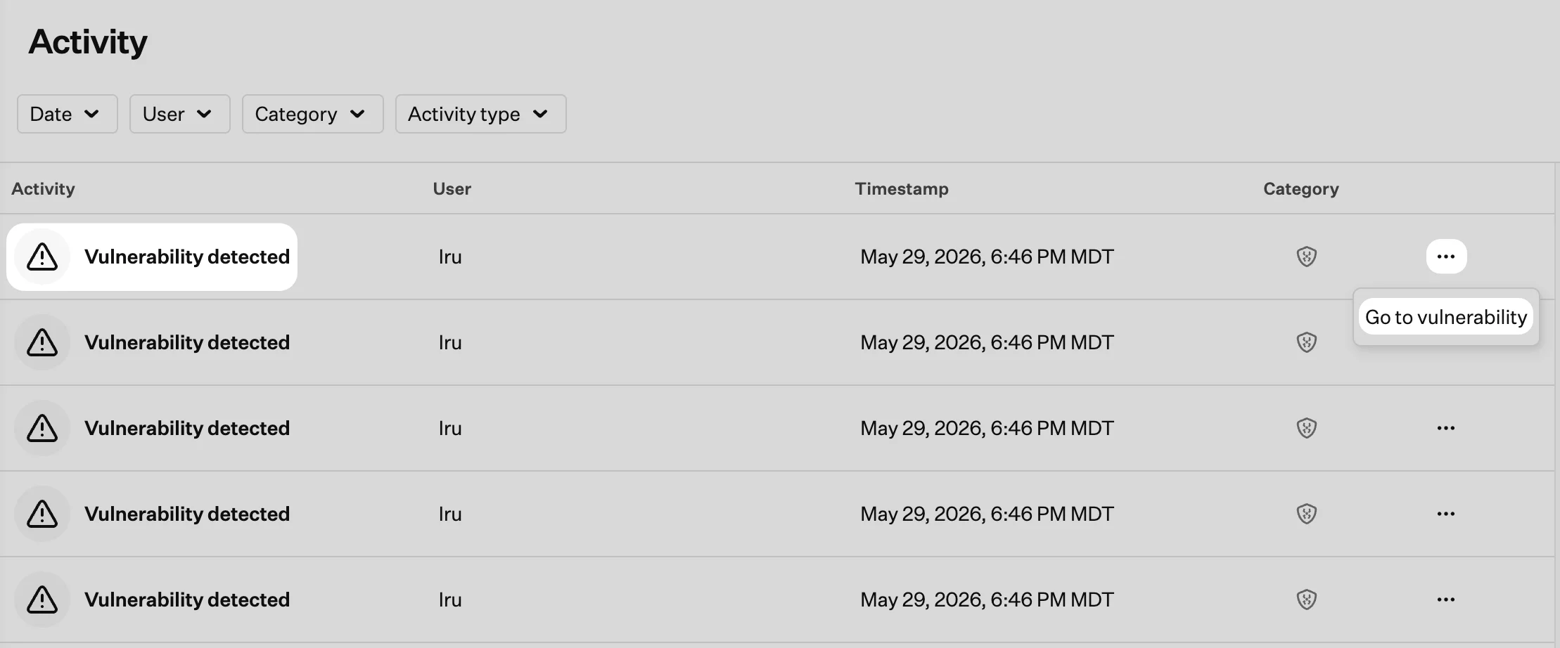 Activity row action menu with option to go to the related vulnerability entry