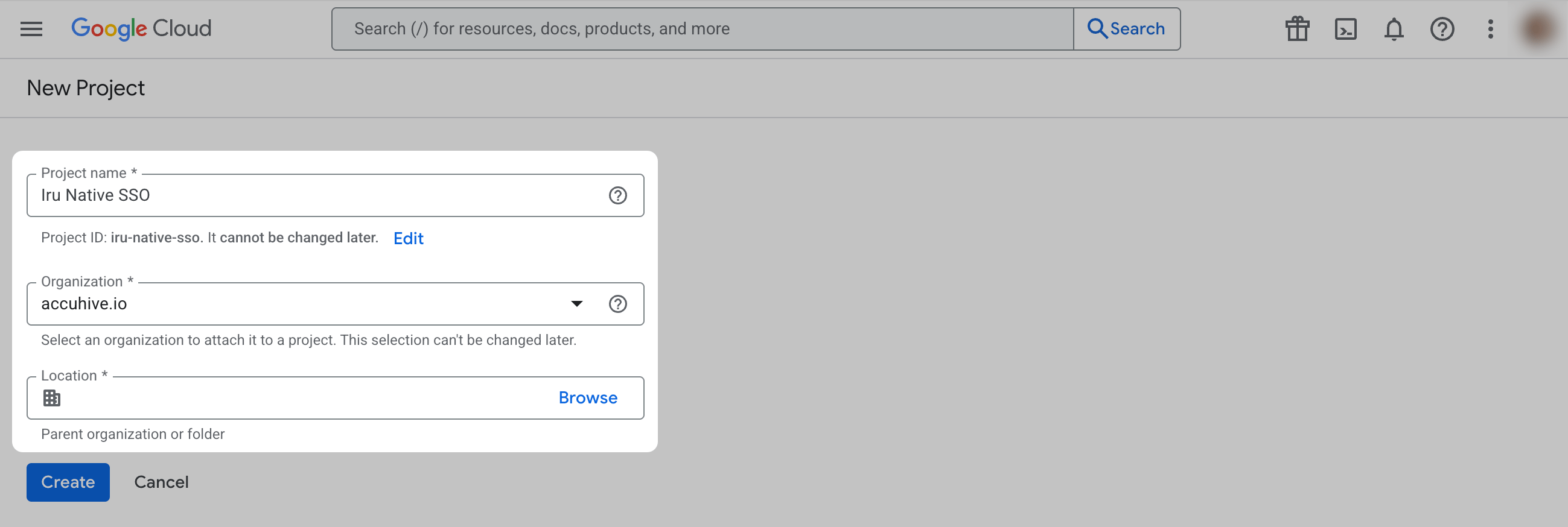 Google API Console project Location dropdown
