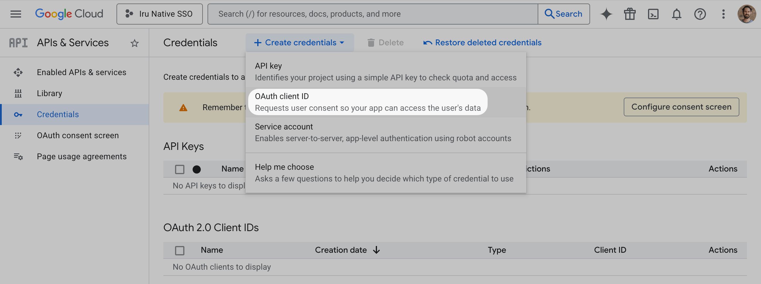 Google Create credentials OAuth Client ID
