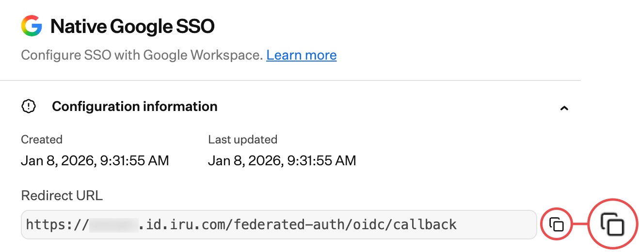 Iru Endpoint SSO Redirect URL to copy for Google Workspace