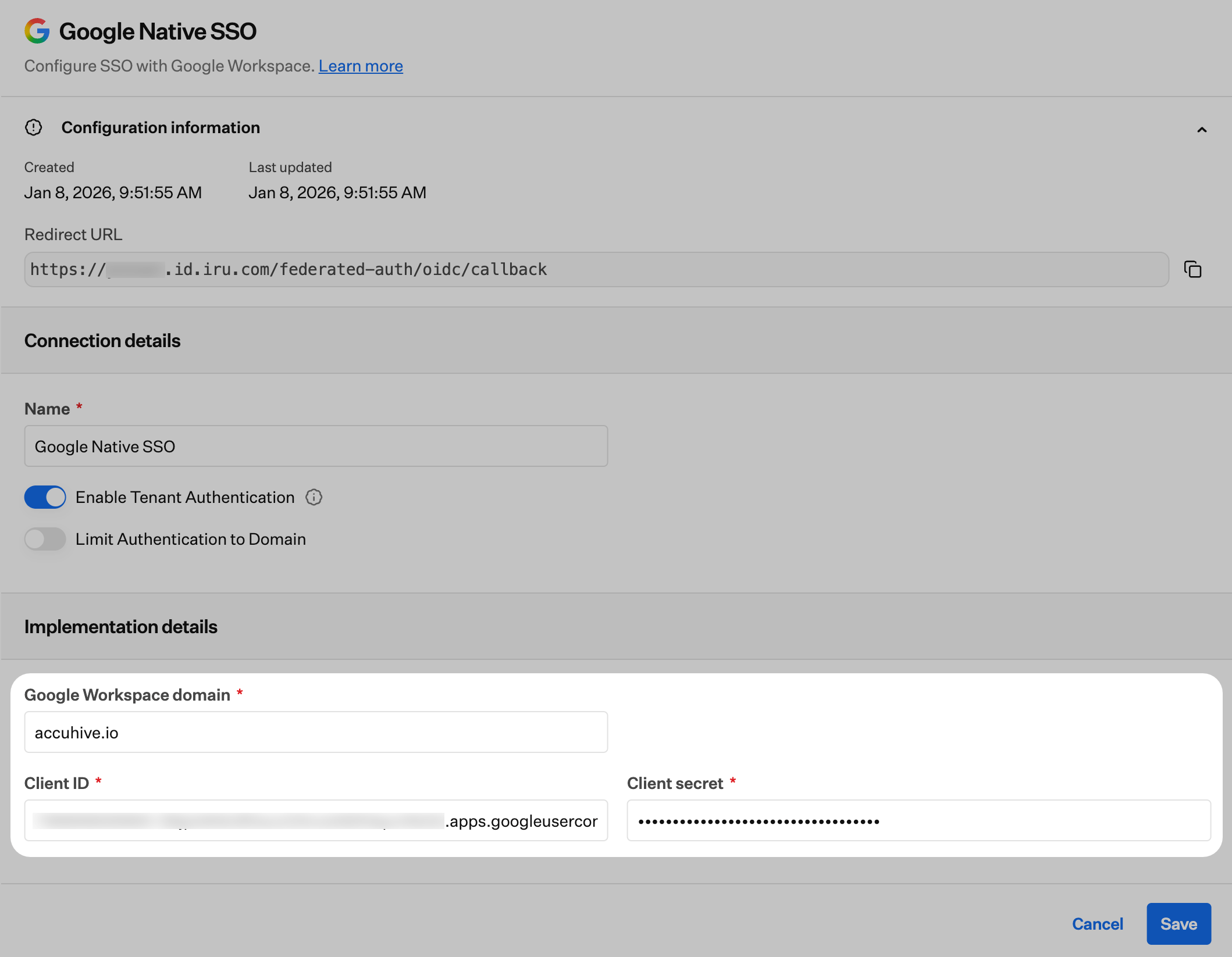 Iru Endpoint Client secret field for Google Workspace