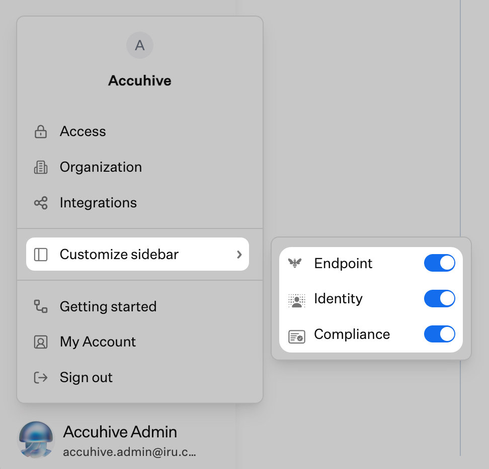 Account menu with Customize sidebar option highlighted
