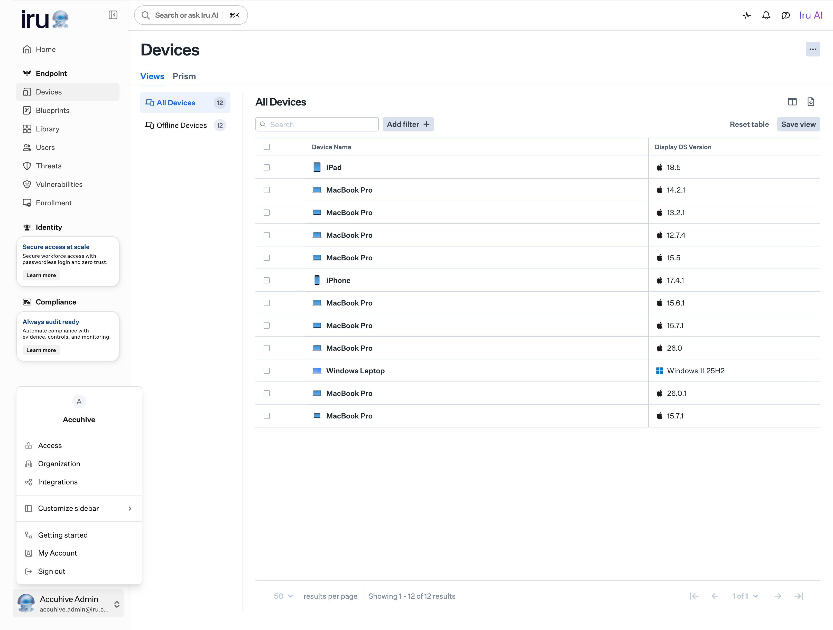 Account menu button at the bottom of the left navigation showing your name and email