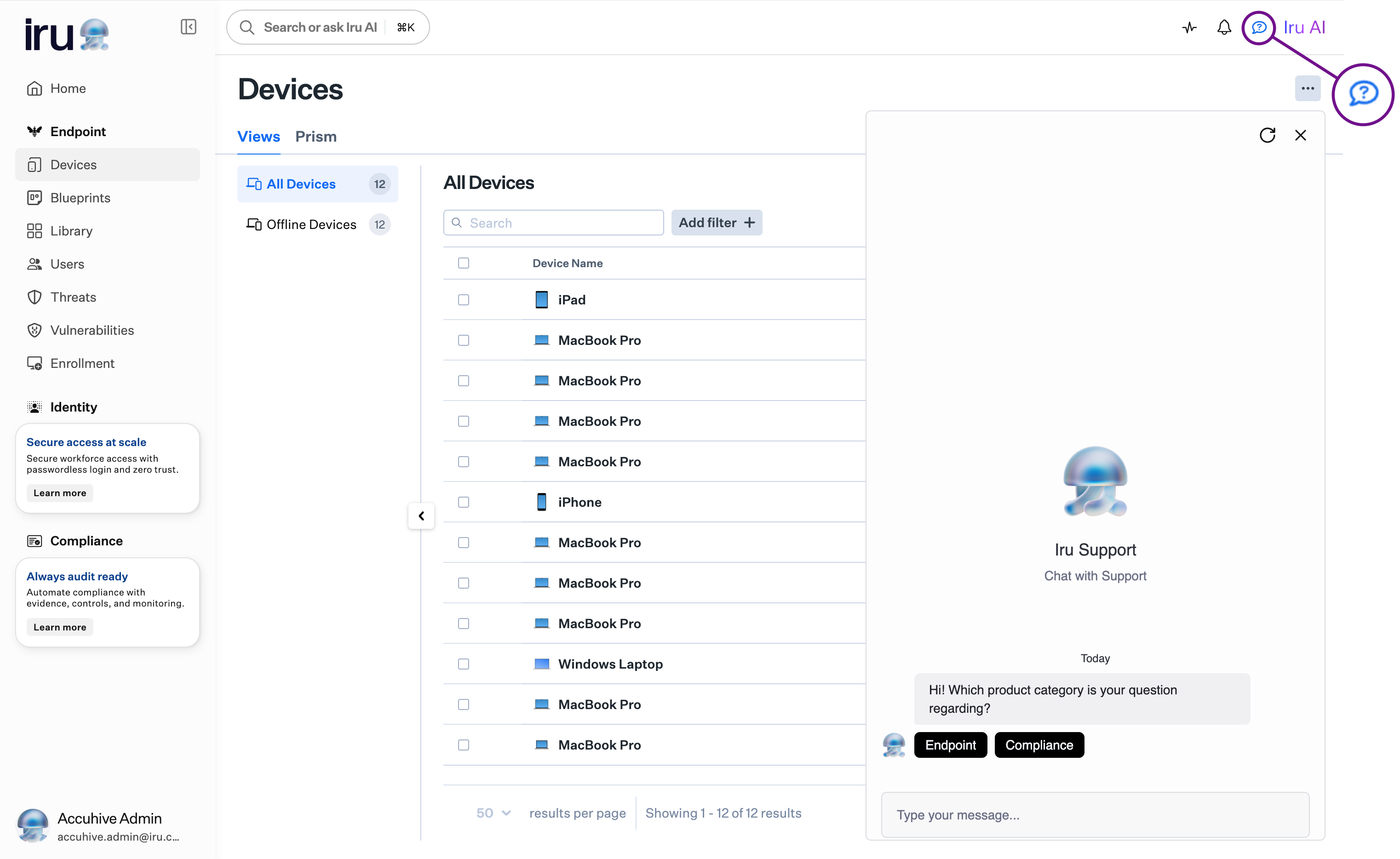 Navigation bar showing the chat bubble icon for Iru Support Chat in the upper right corner, next to Iru AI