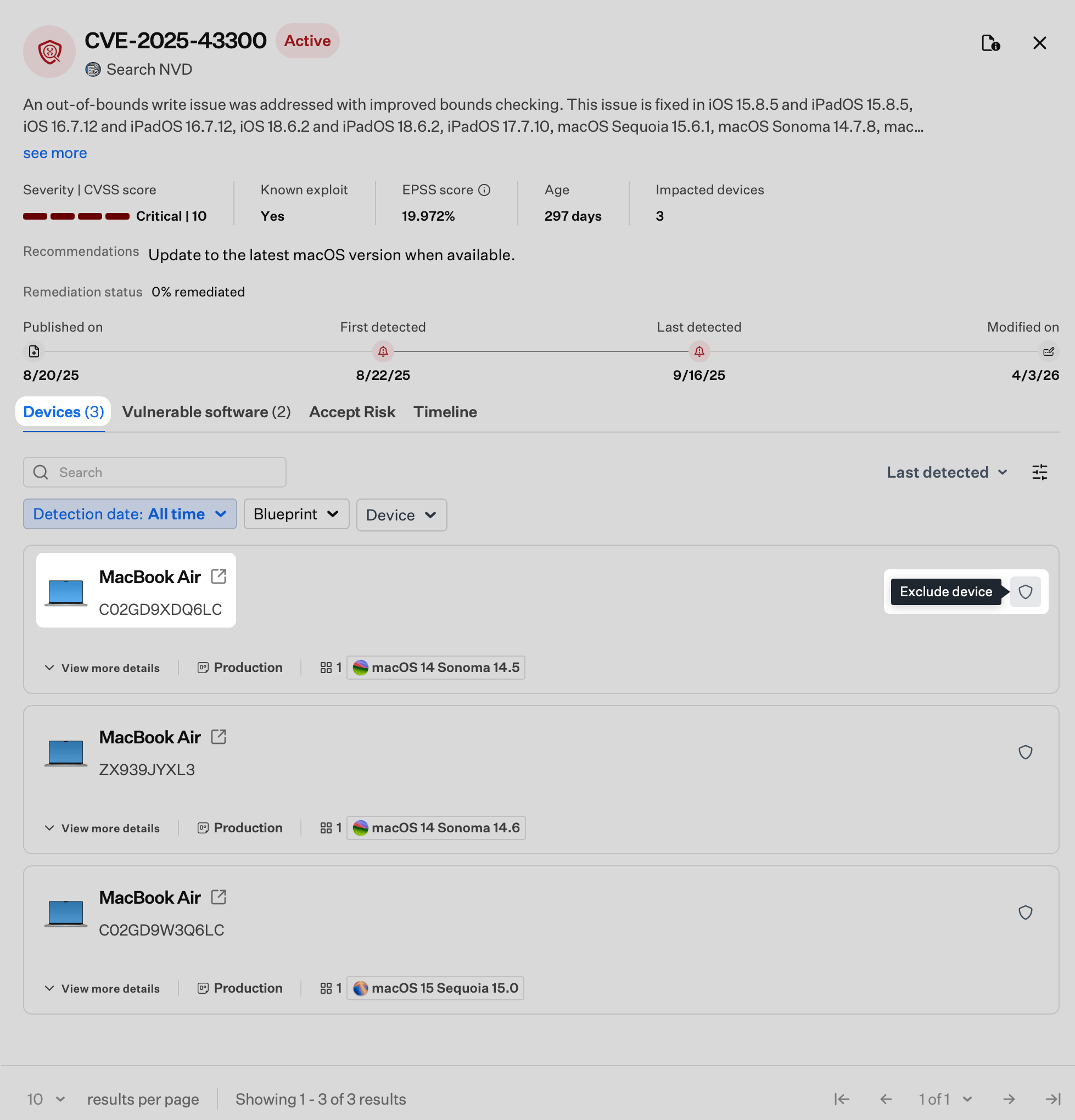 CVE Devices tab showing the Exclude device shield button for a device in the list