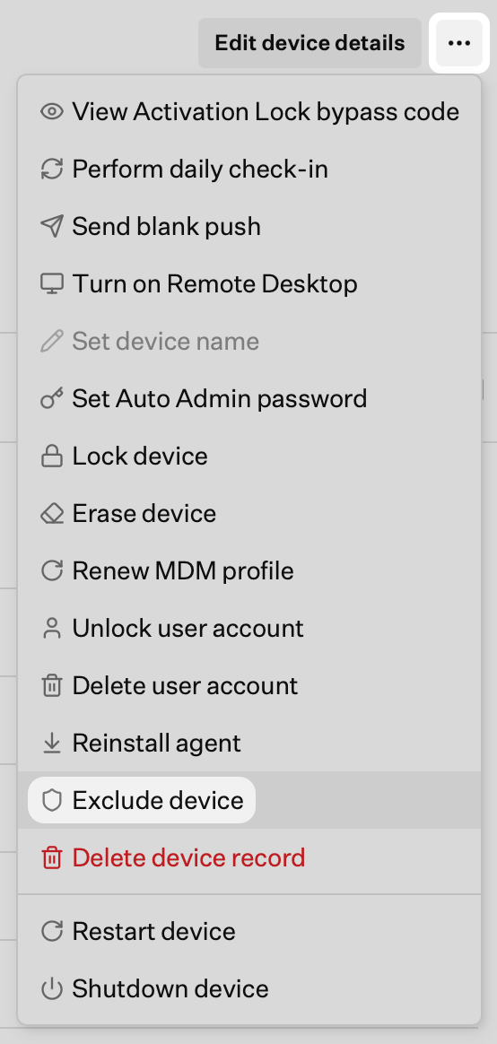 Device Action Menu on a device record with Exclude device option highlighted