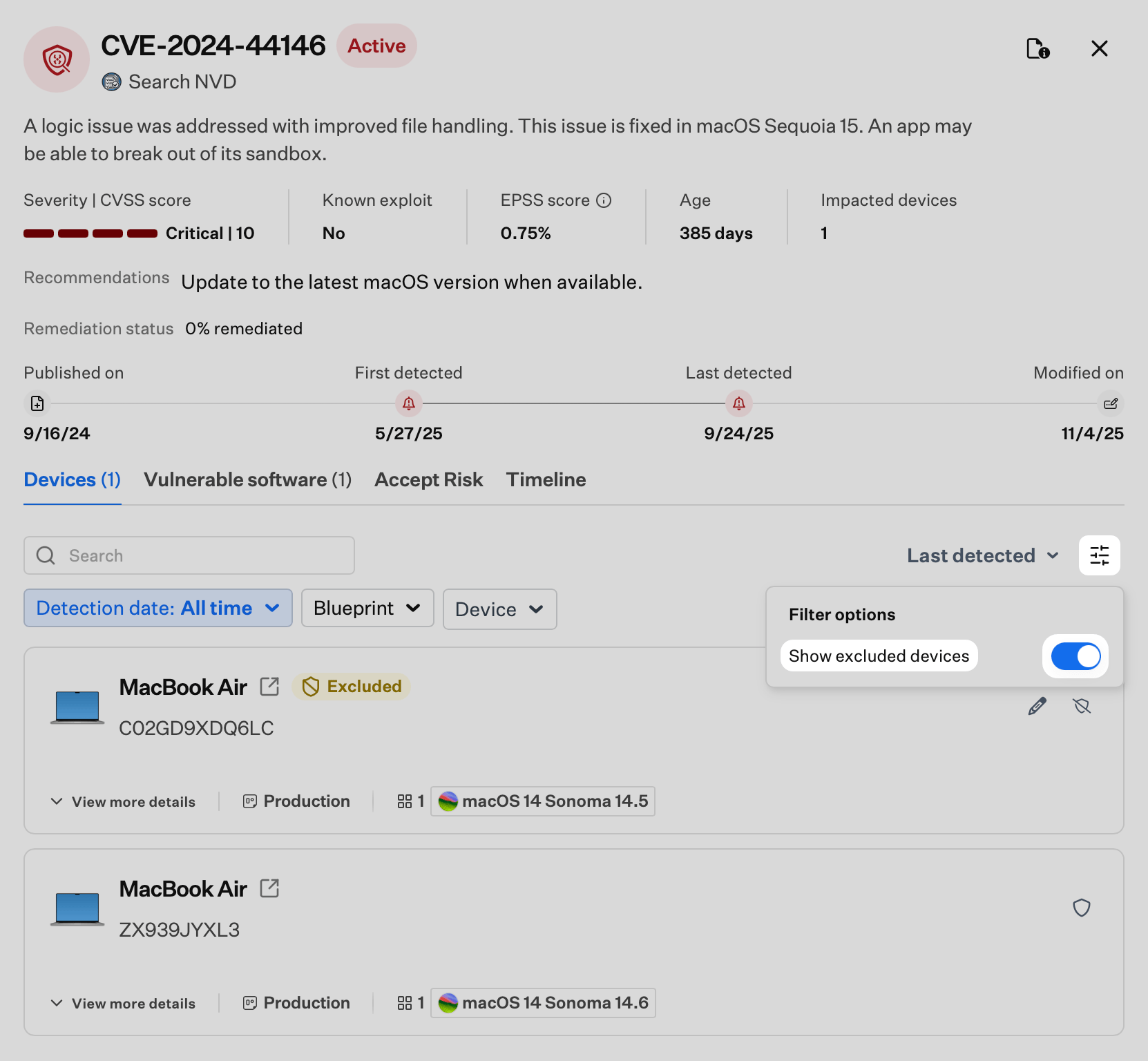 CVE Devices tab filter options with Show excluded devices toggle enabled and excluded devices listed