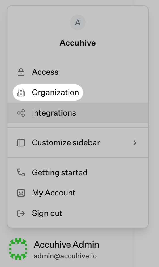 Screenshot of the account menu with Organization option highlighted