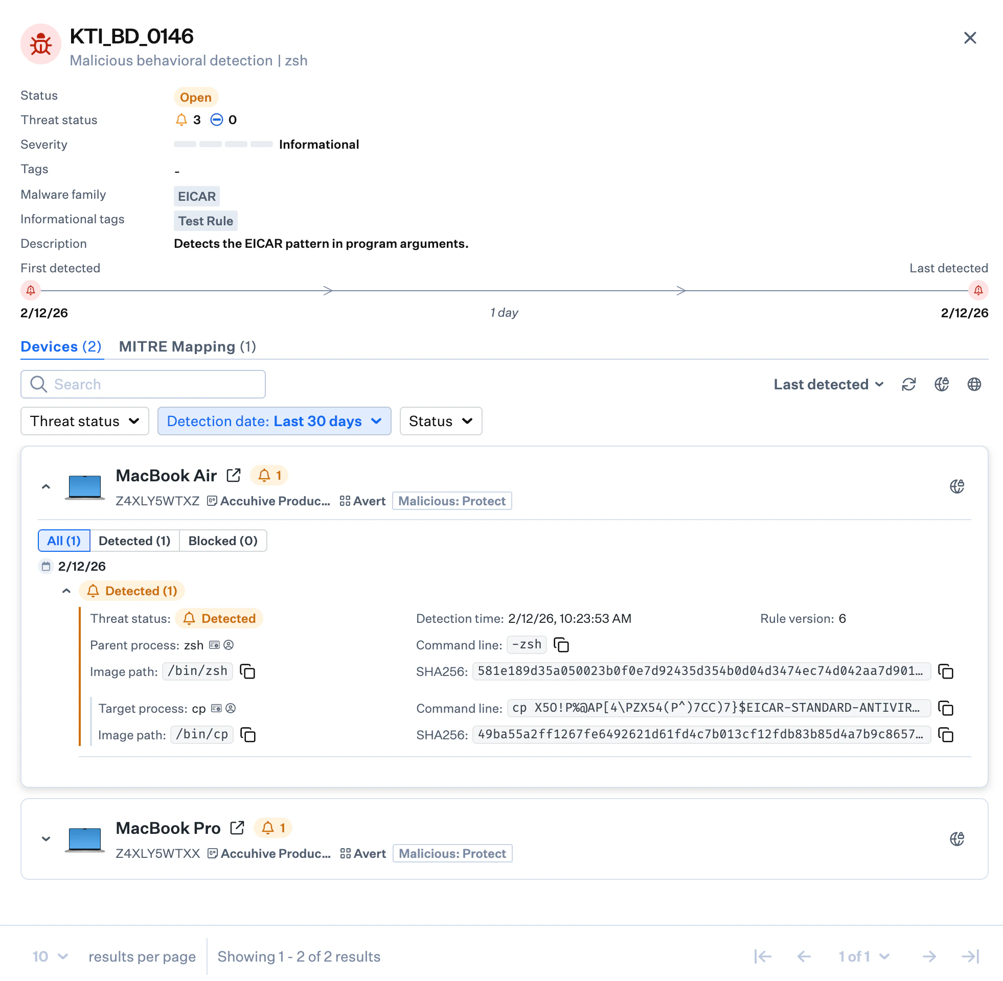 EDR Threats with behavioral detection status Detected in Detect mode