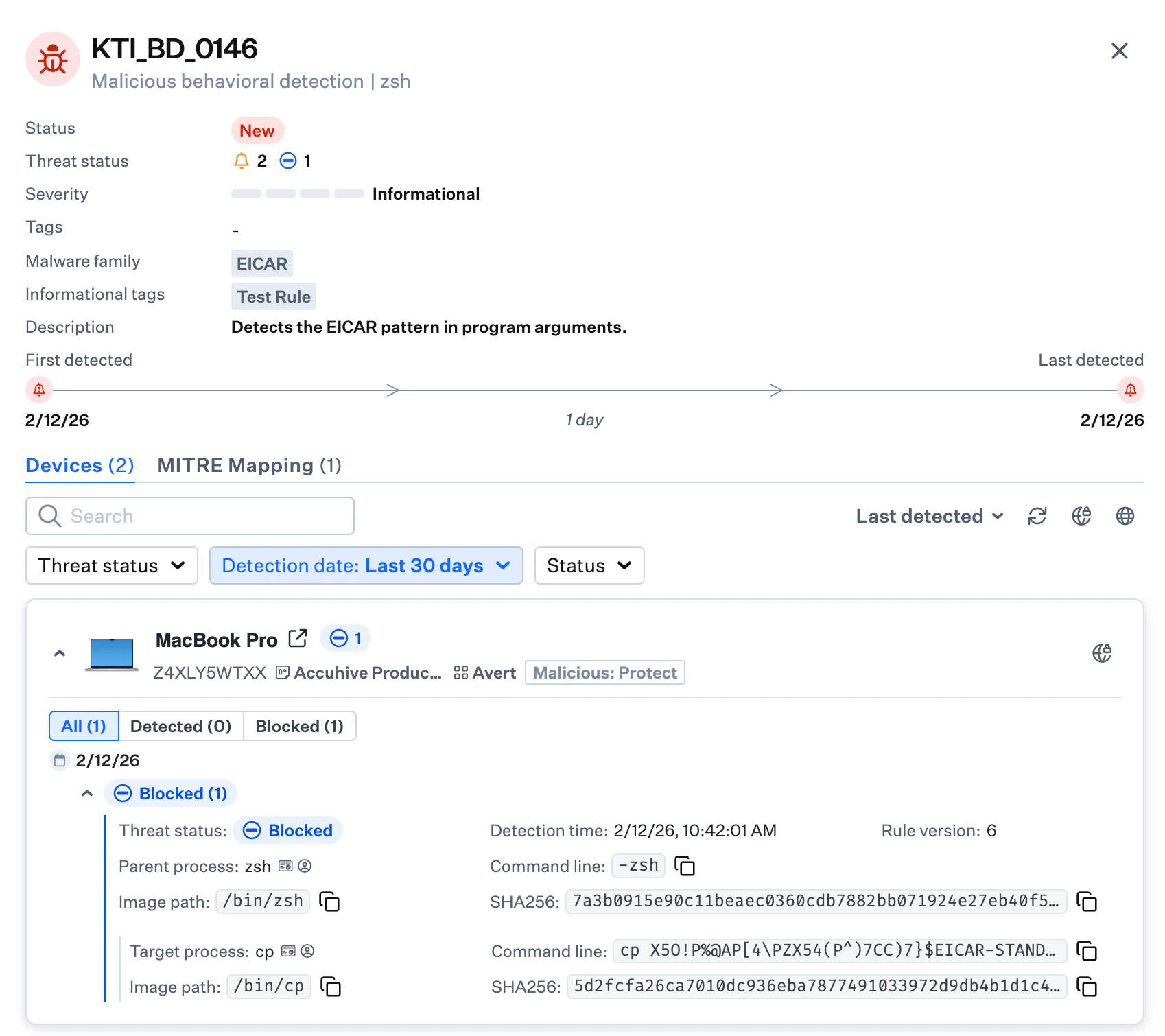 Endpoint Detection Response behavioral detection testing interface or results