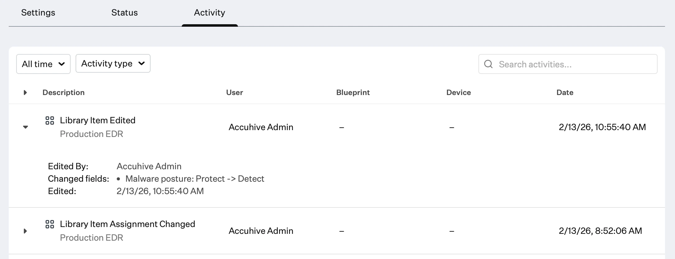 Activity tab showing Library Item edit history