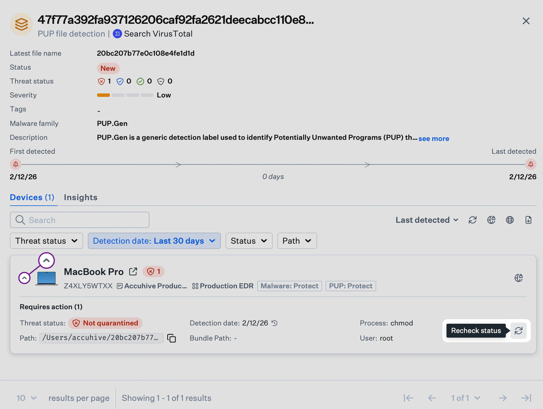 Recheck status in threat event side panel