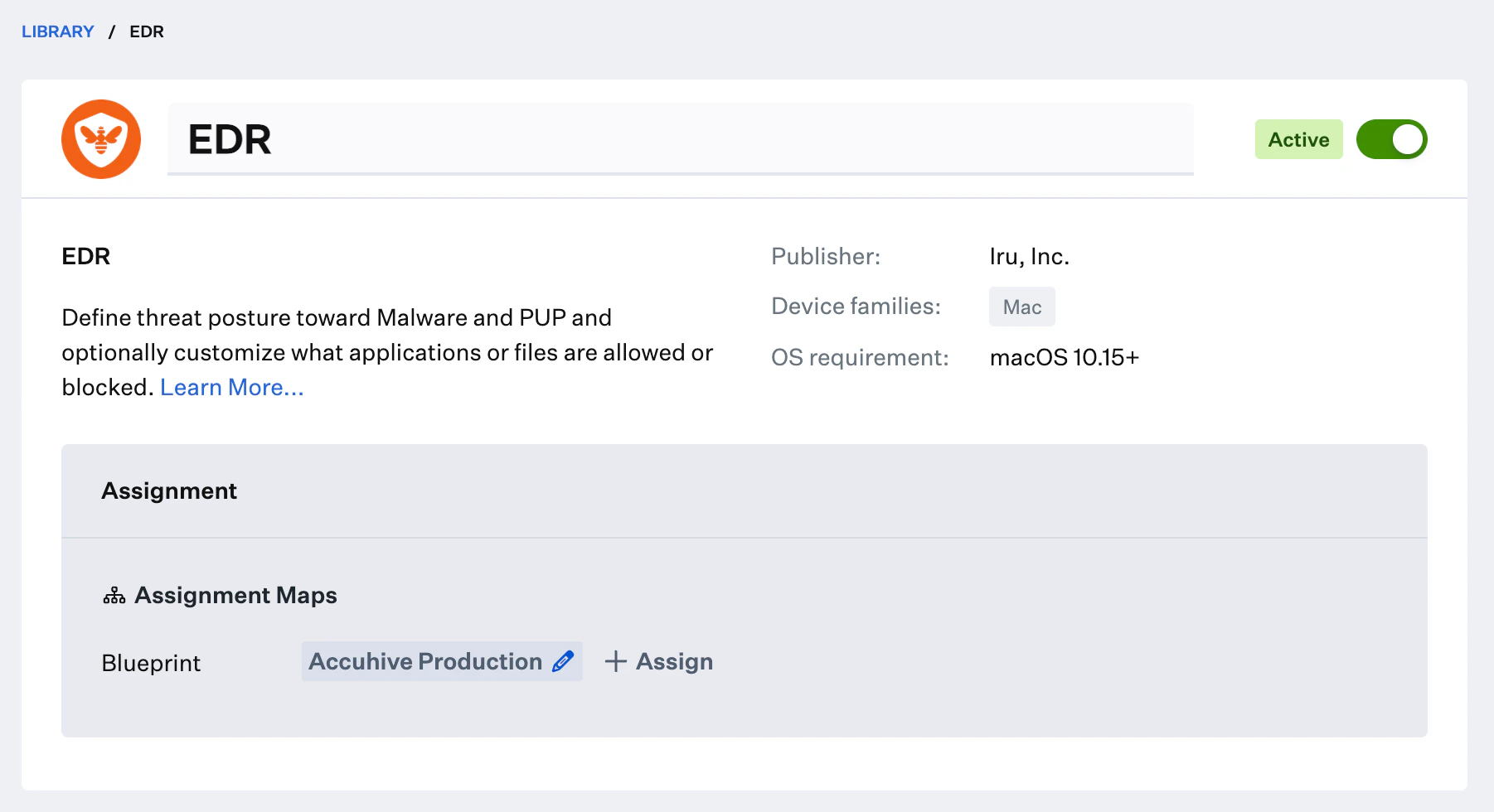 EDR Library Item configuration interface showing settings or Blueprint assignment
