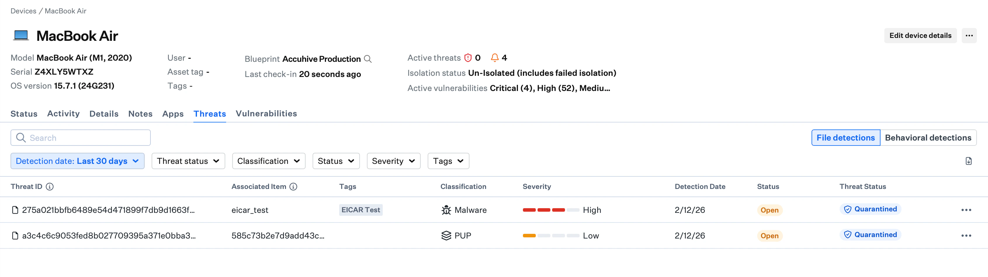 Endpoint Detection and Response EDR device record view